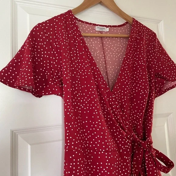 Red Polka Dot Wrap Dress, Size Small - Picture 3 of 9